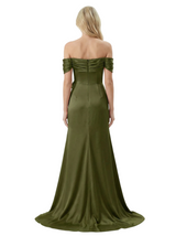 Off The Shoulder Ruching Satin Mother Of The Groom Dress Mermaid Maxi Gown With Floral Accent Train