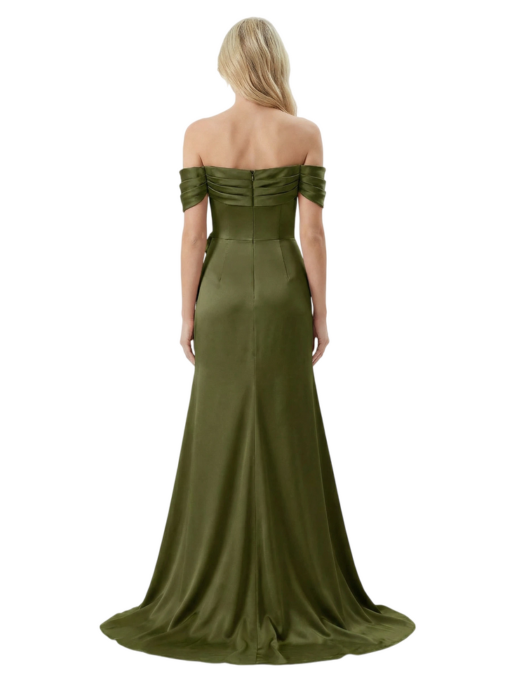 Off The Shoulder Ruching Satin Mother Of The Groom Dress Mermaid Maxi Gown With Floral Accent Train