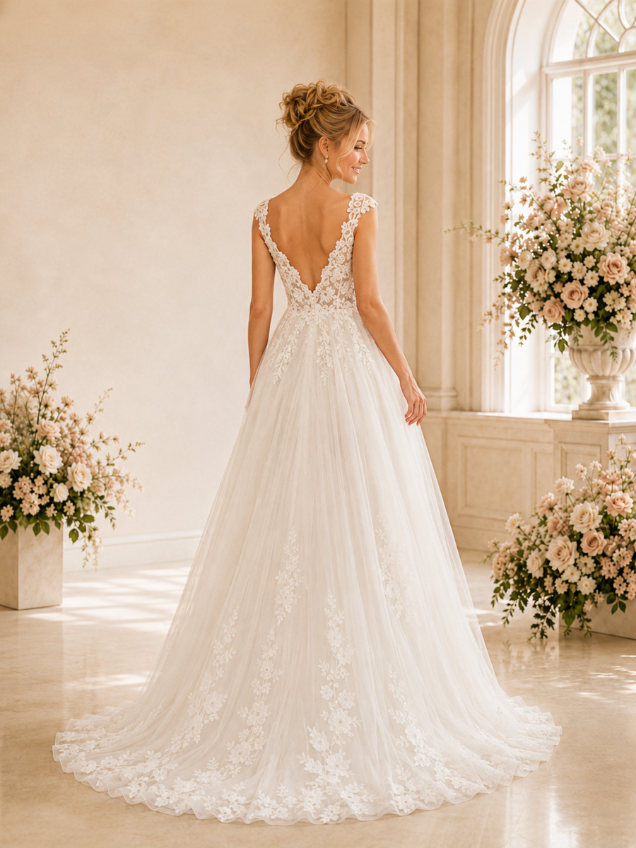 ChicSew Sexy Spaghetti Straps Deep V-Neck A-Line Lace Tulle Full-Length Wedding Dresses