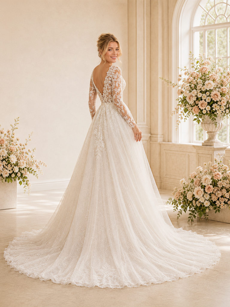ChicSew Romantic Pretty A-Line Lace Tulle V-Neck Long Sleeves Floor-Length Wedding Dresses