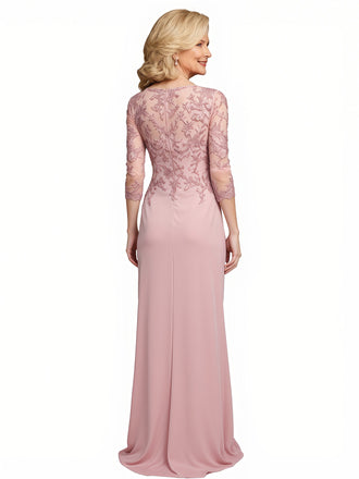 Modern V-Neck 3/4 Sleeves Chiffon Lace Mermaid Maxi Mother Of The Bride and Groom Dresses