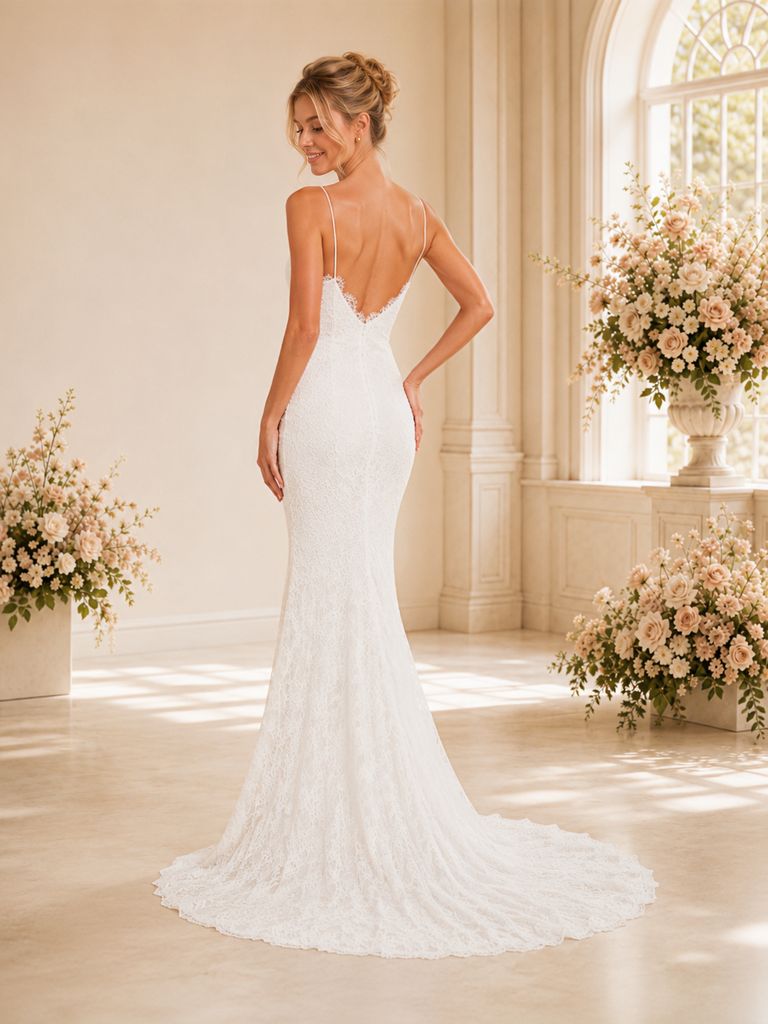 ChicSew Romantic Spaghetti Straps V-Neck Lace Mermaid Wedding Dresses With Train
