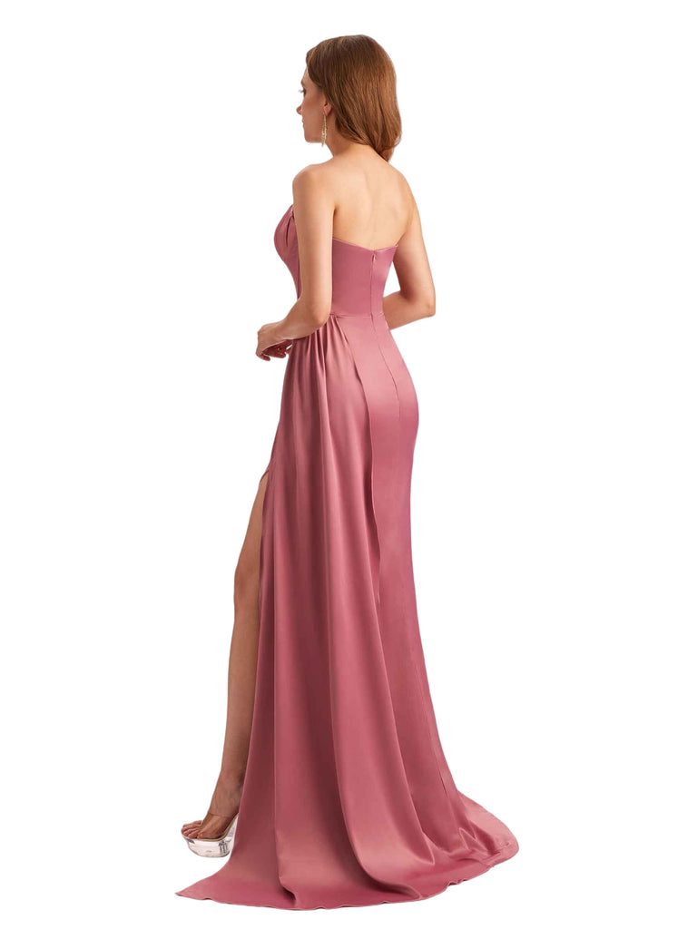 Elegant Silky Satin Sweetheart Boning Mermaid Side Slit Long Bridesmaid Dresses