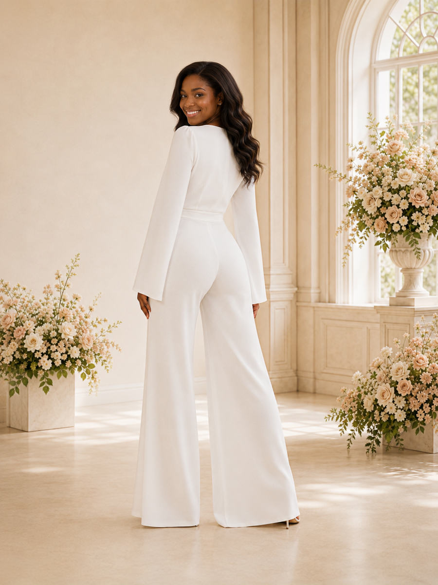 ChicSew Modern Crepe V-Neck Long Sleeves Floor-Length Wedding Jumpsuit