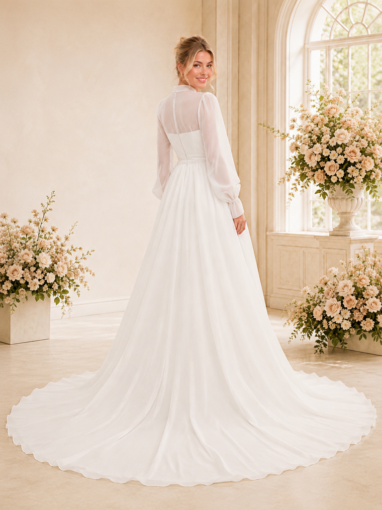 ChicSew Elegant Fancy High Neck Long Sleeves A-Line Chiffon Floor-Length Wedding Dresses