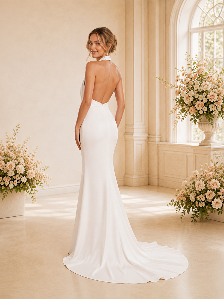 ChicSew Fancy Halter Strap Sleeveless Mermaid Satin Floor-Length Wedding Dress