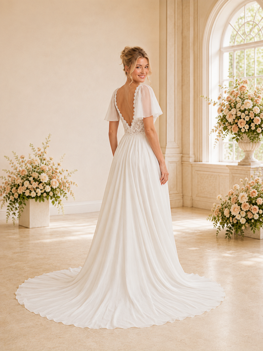 ChicSew Elegant V-Neck Short Sleeves Chiffon A-Line Floor-Length Wedding Dresses With Side Slit