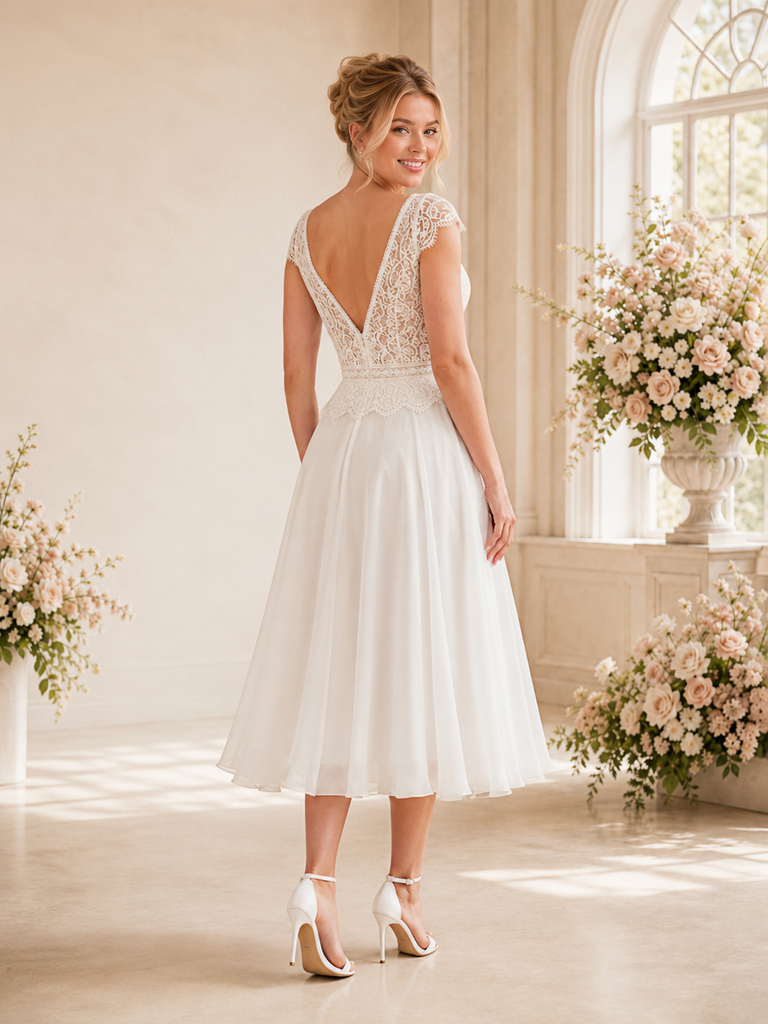 ChicSew Simple V-Neck Cap Sleeves A-Line Lace Chiffon Tea-Length Wedding Dresses