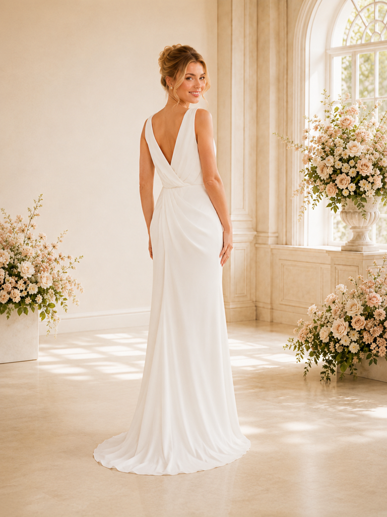 ChicSew Unique V-Neck Sleeveless Ruched Crepe Mermaid Floor-Length Wedding Dress