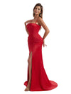 Modern Spaghetti Straps Side Split Mermaid Silky Satin Long Bridesmaid Dresses Online
