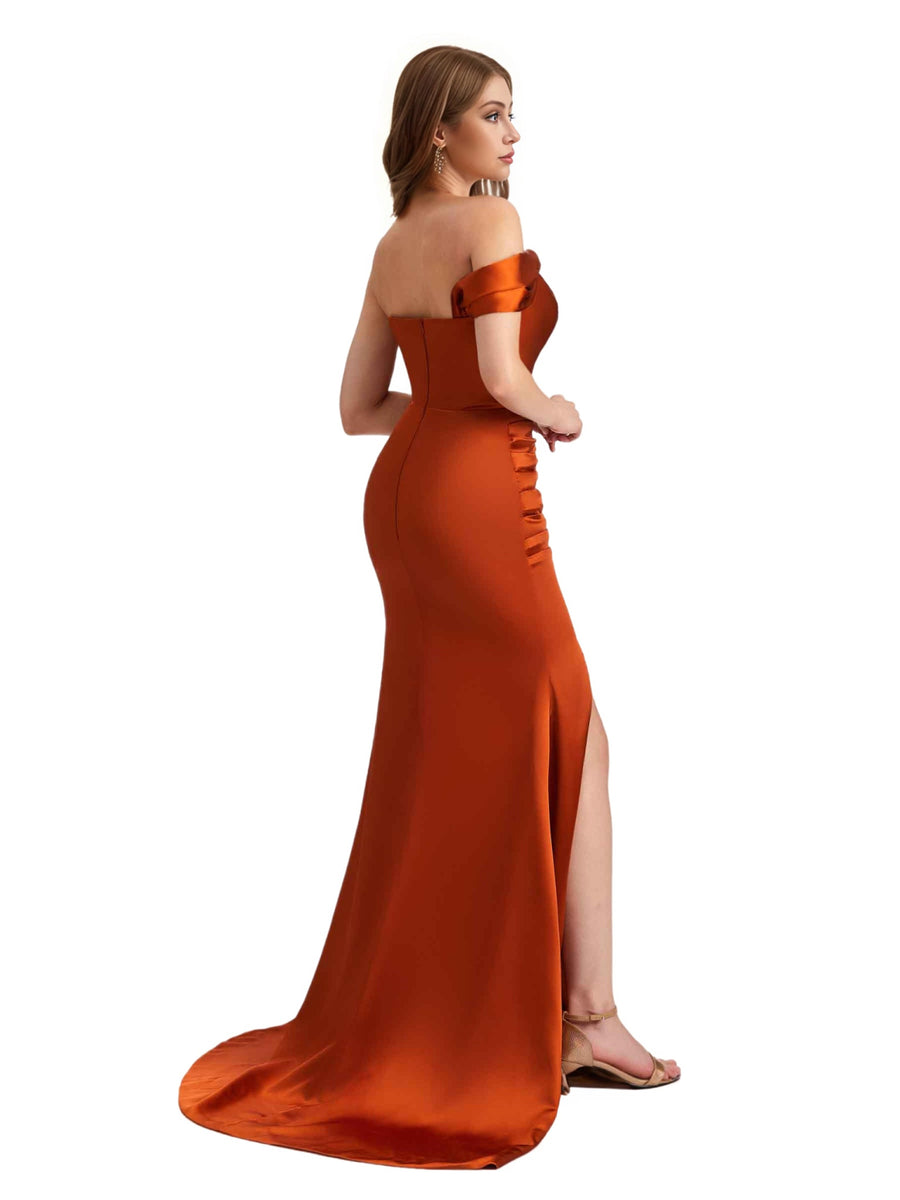 Sexy Satin One Shoulder Mermaid Pleated Long Bridesmaid Dresses Side Split
