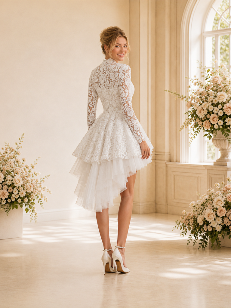 ChicSew Fancy Long Sleeves High Neck A-Line Lace Tulle High-Low Wedding Dresses