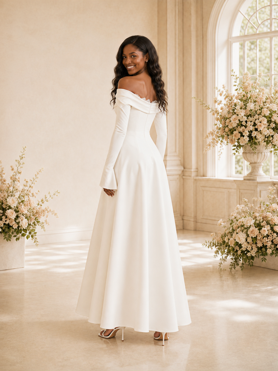 ChicSew Fancy Off The Shoulder Long Sleeves Ruching Crepe Maxi Wedding Dress