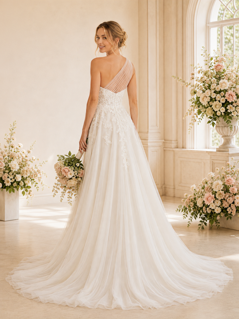 ChicSew Elegant One Shoulder Lace Tulle Side Slit Maxi A-Line Wedding Dress