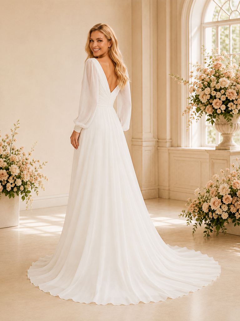 ChicSew Fancy Elegant V-Neck A-Line Chiffon Long Sleeves Ruched Maxi Wedding Dress