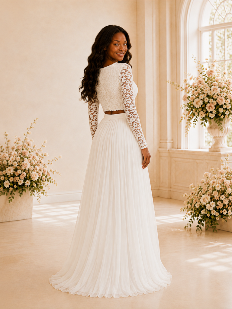 ChicSew Elegant Two Piece A-Line Bateau Long Sleeves Lace Chiffon Maxi Wedding Dress