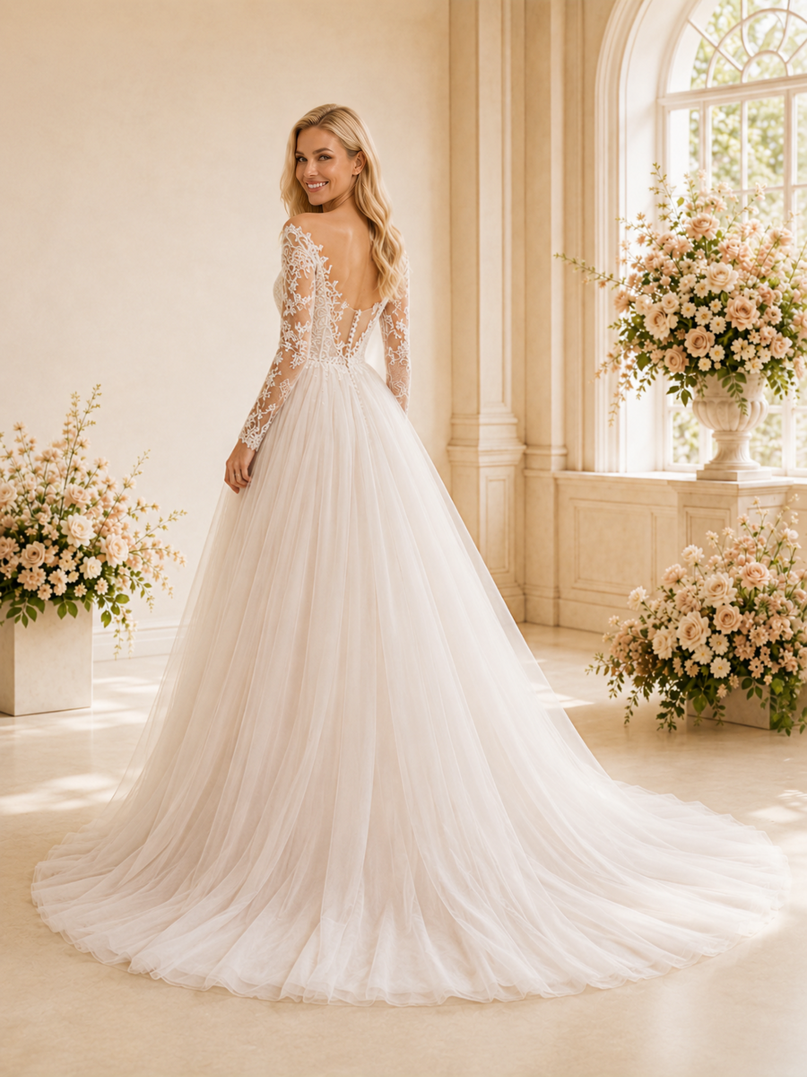 ChicSew Elegant Pretty Long Sleeves A-Line Lace Tulle Floor-Length Wedding Dress With Applique