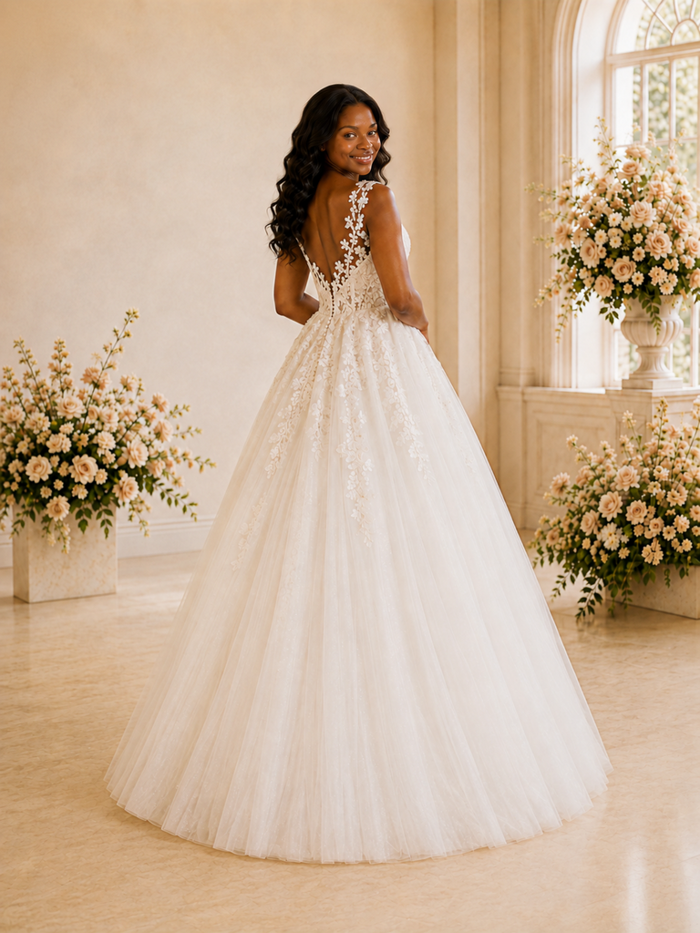 ChicSew Elegant A-Line Illusion Sleeveless Tulle Long Wedding Dress With Lace Appliques