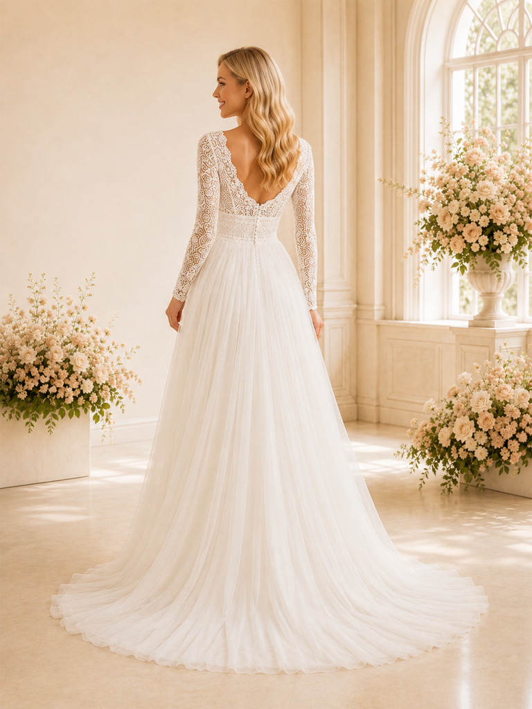 ChicSew Elegant Side Slit Lace Tulle V-Neck Long Sleeves A-Line Maxi Long Wedding dresses
