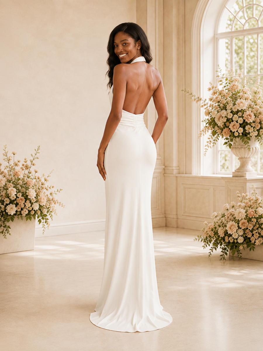 ChicSew Sexy Halter Deep V-Neck Open Back Mermaid Crepe Floor-Length Wedding Dress