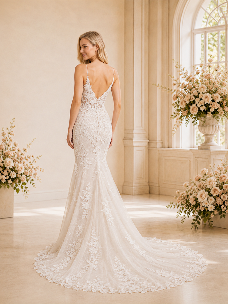 ChicSew Sexy Mermaid Lace Applique Tulle Spaghetti Straps Maxi Long Wedding Dress Open Back With Button