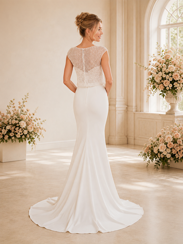 ChicSew Elegant Jewel Cap Sleeves Satin Mermaid Floor-Length Wedding Dress