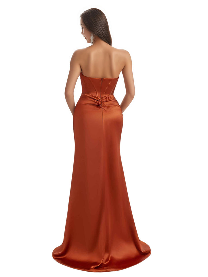 Elegant Sweetheart Side Split Mermaid Ruched Satin Pretty Long Bridesmaid Dresses
