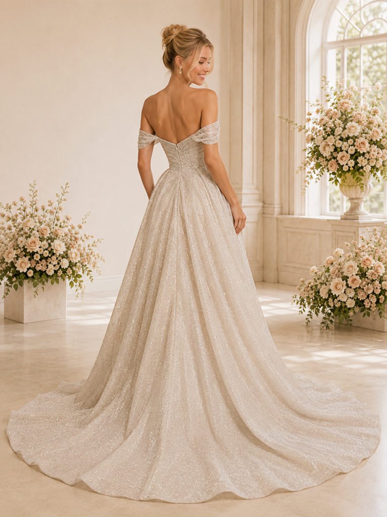 ChicSew Off The Shoulder Side Slit Glitter Tulle Mermaid Long Wedding Dresses With Overskirt