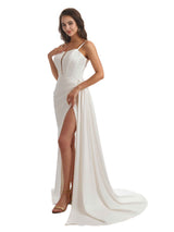 Sexy Spaghetti Strap Side Split Mermaid Boning Ruched Satin Long Bridesmaid Dresses