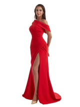 Sexy Asymmetric Mermaid Side Slit One Sleeve Crepe Long Bridesmaid Dress For Wedding