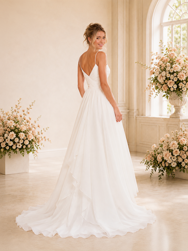 ChicSew Classy V-Neck Spaghetti Straps A-Line Chiffon Long Wedding Dresses
