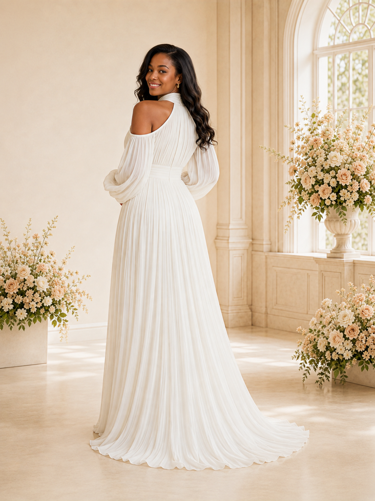 ChicSew Elegant High Neck Long Sleeves Pleats Chiffon A-Line Maxi Wedding Dress