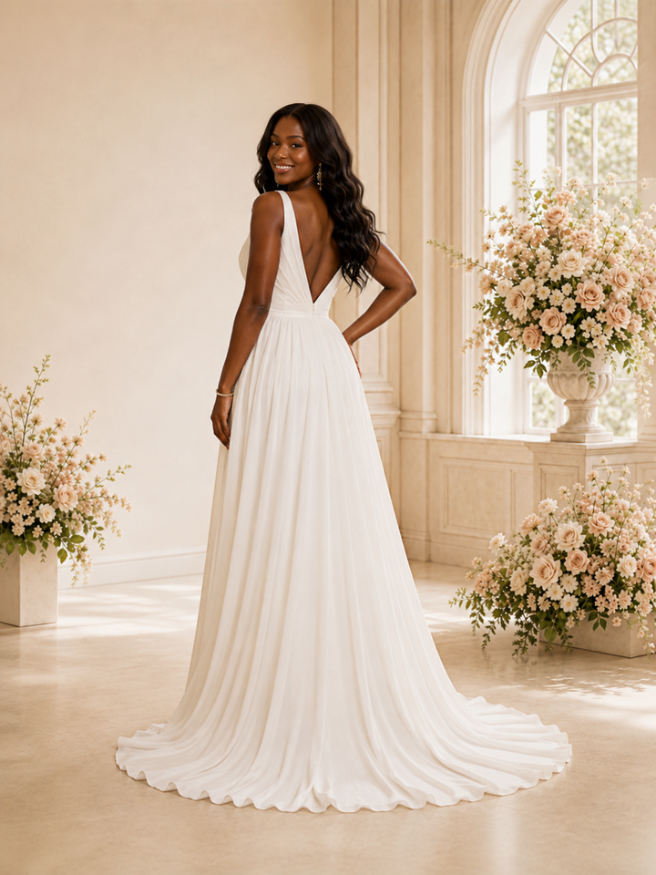 ChicSew Sexy V-Neck A-Line Chiffon Maxi Long Wedding Dress With Pleats