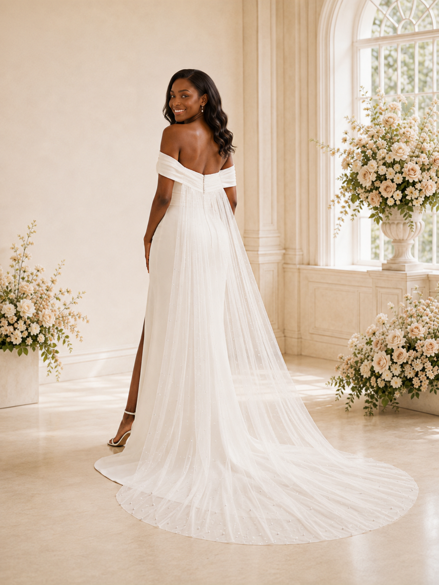 ChicSew Elegant Off The Shoulder Satin Tulle Mermaid Maxi Long Wedding Dress With Side Slit