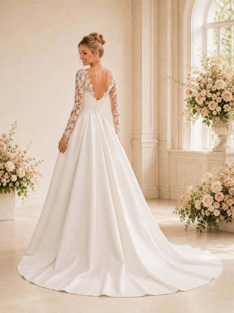 ChicSew Elegant V-Neck Long Sleeves Lace Satin A-Line Long Wedding Dresses With Train