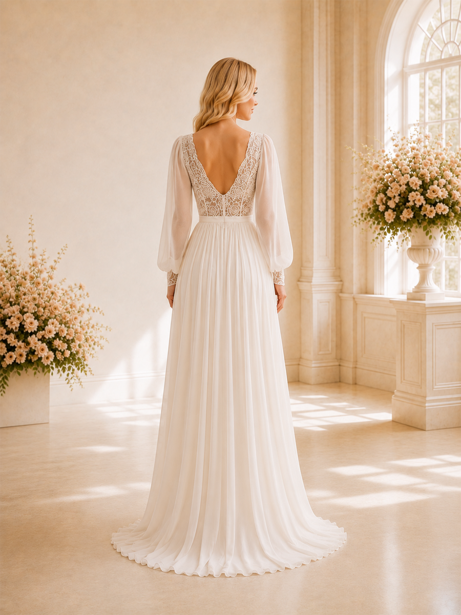 ChicSew Beautiful A-line V-Neck Long Sleeves Lace Tulle Side Slit Maxi Wedding Dresses Online
