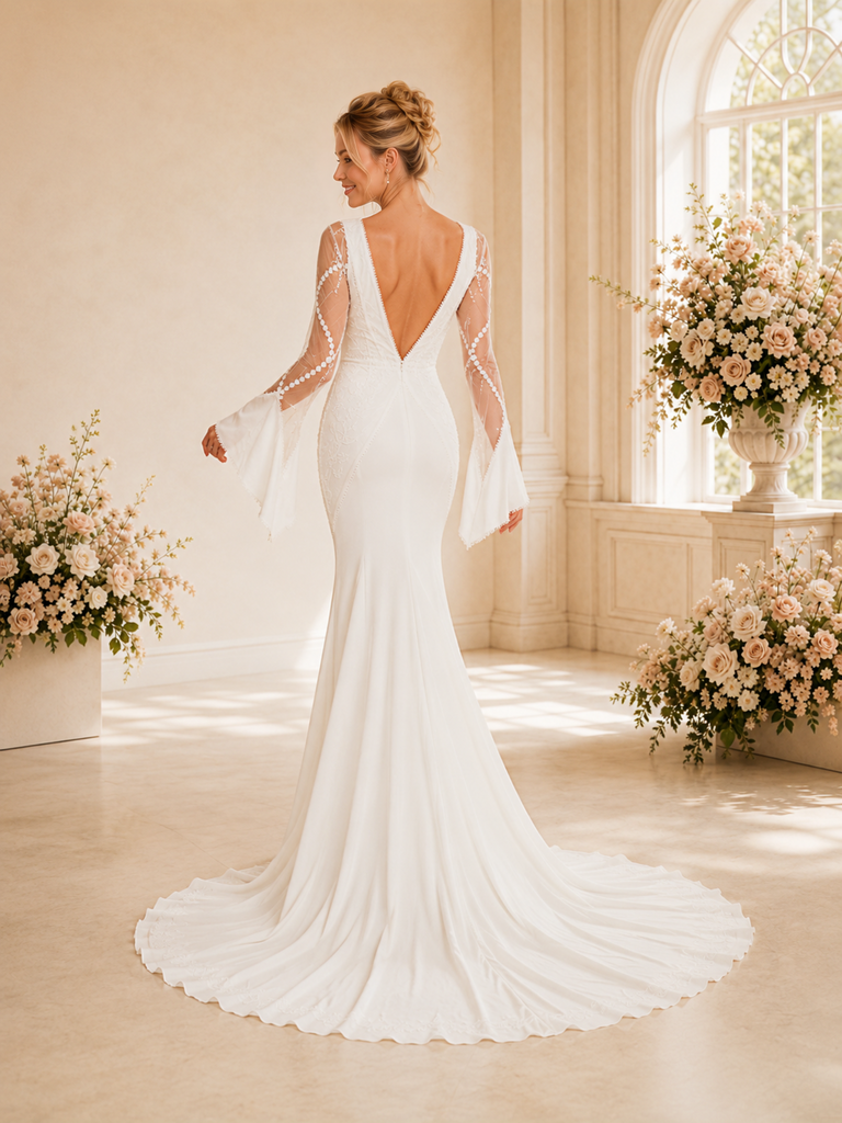 ChicSew Fancy V-Neck Long Sleeves Crepe Mermaid Wedding Dresses With Side Slit