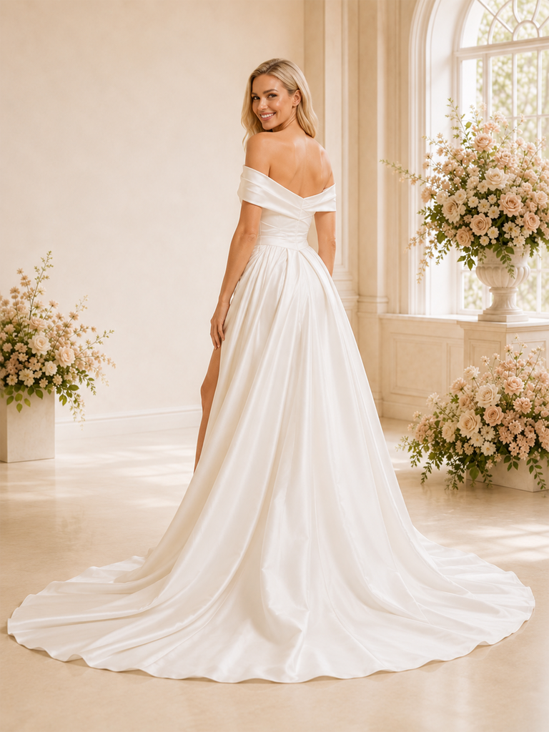 ChicSew Elegant Off The Shoulder A-line Ruched Satin Wedding Dresses With Side Slit