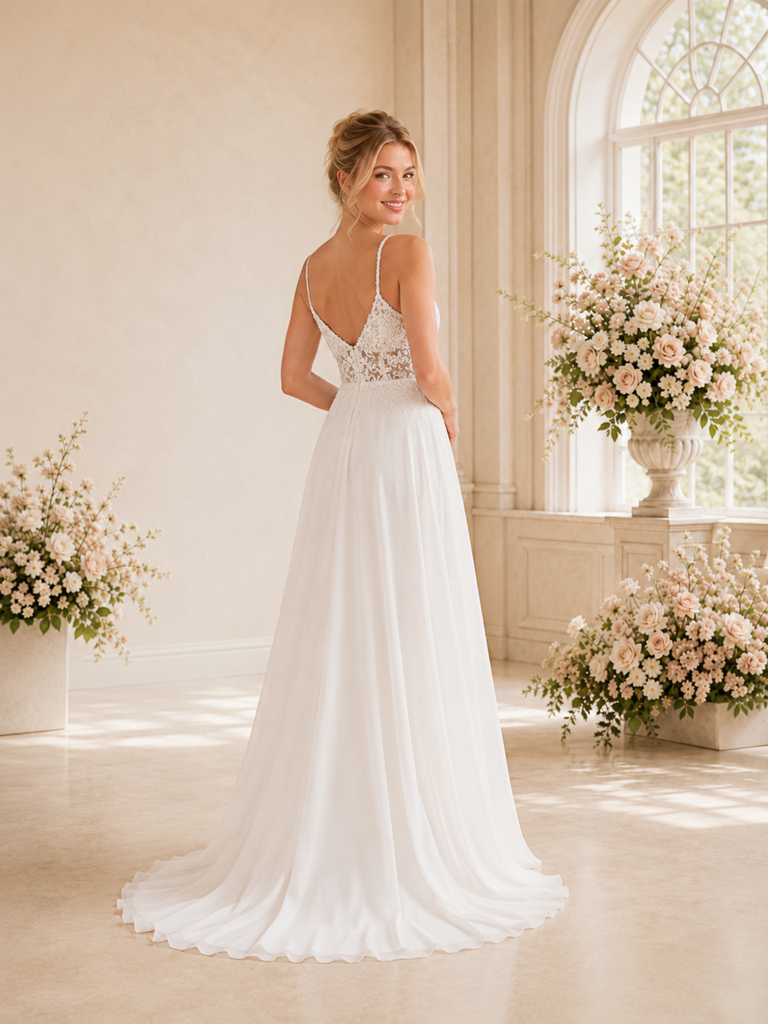 ChicSew Fancy Spaghetti Straps V-Neck A-Line Lace Chiffon Long Wedding Dresses
