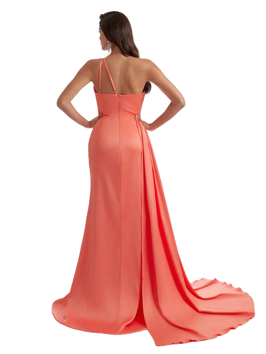 Sexy One Shoulder Mermaid Ruched Satin Formal Long Bridesmaid Dresses Side Split
