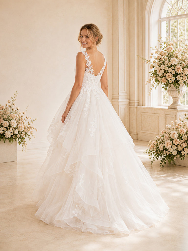 ChicSew Spaghetti Straps V-Neck A-Line High-Low Lace Tulle Wedding Dresses