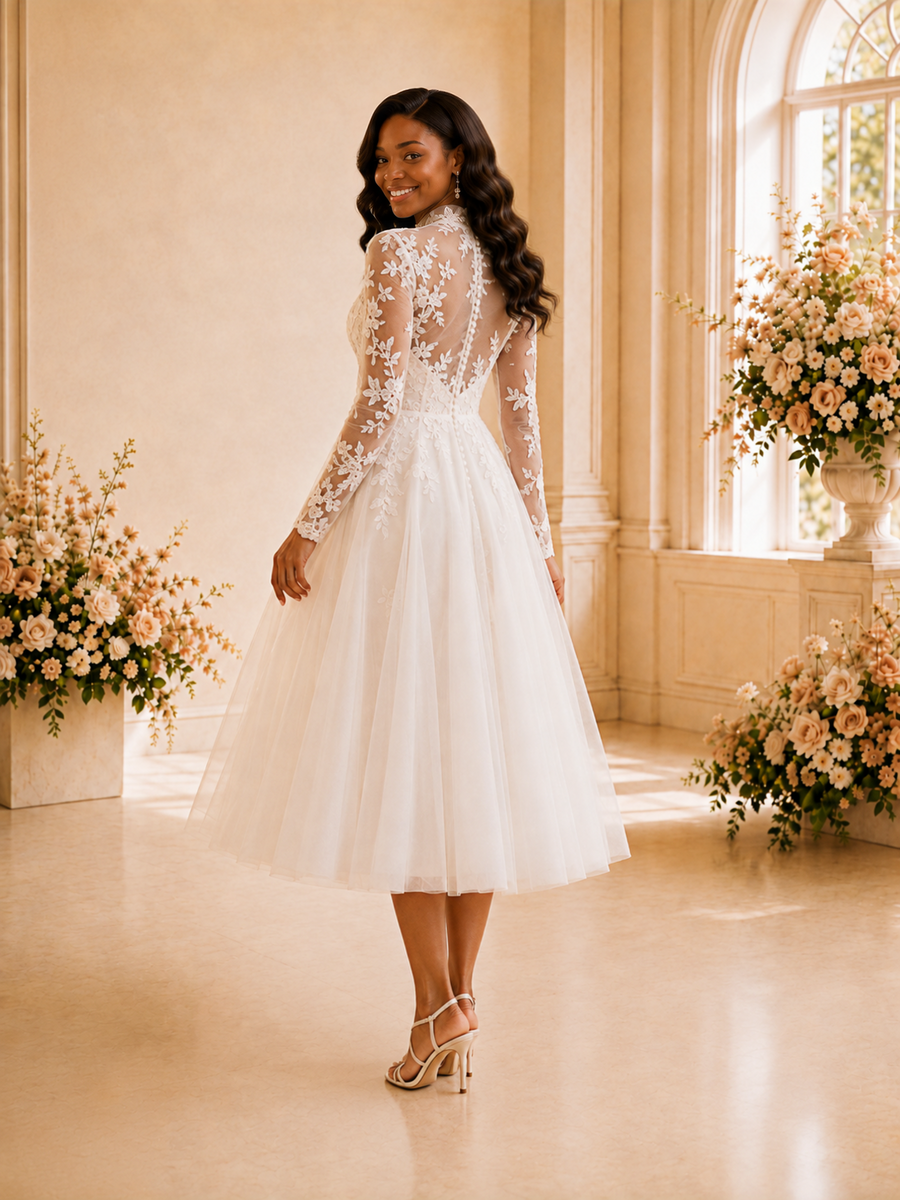 ChicSew Elegant High Neck Long Sleeves Lace Appliques Tulle Tea-Length Wedding Dress