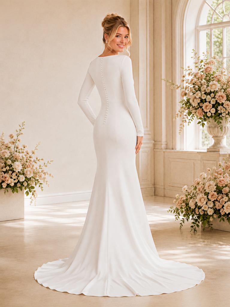 ChicSew Elegant Fancy Crepe Mermaid Long Sleeves Maxi Long Wedding Dresses