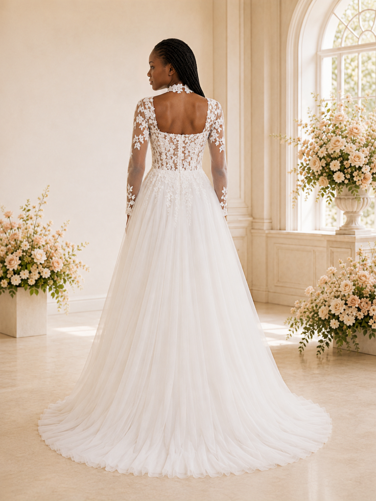ChicSew Elegant A-Line Square Neckline Tulle Long Sleeves Maxi Wedding Dress With Lace Applique