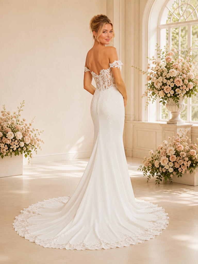 ChicSew Fancy Off The Shoulder Crepe Boning Mermaid Maxi Wedding Dress With Lace Applique