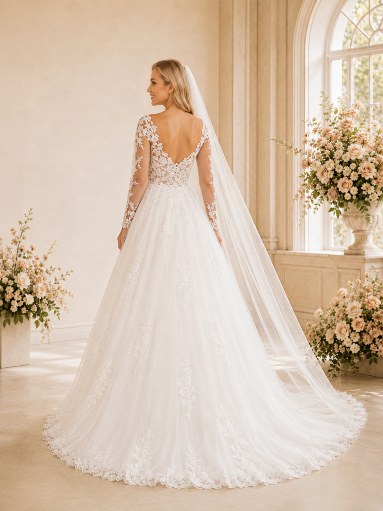 ChicSew Elegant Pleated A-Line Lace Applique Tulle V-Neck Long Sleeves Maxi Long Wedding Dress