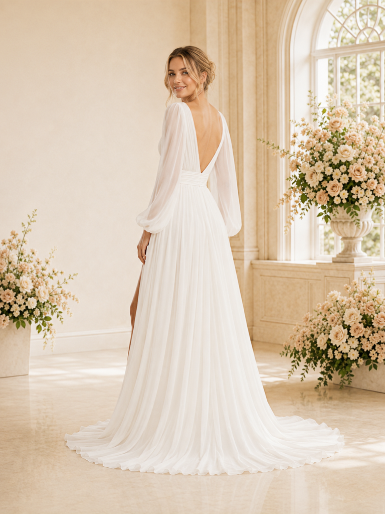 ChicSew Elegant V-Neck Long Sleeves Chiffon A-Line Maxi Wedding Dress With Side Slit