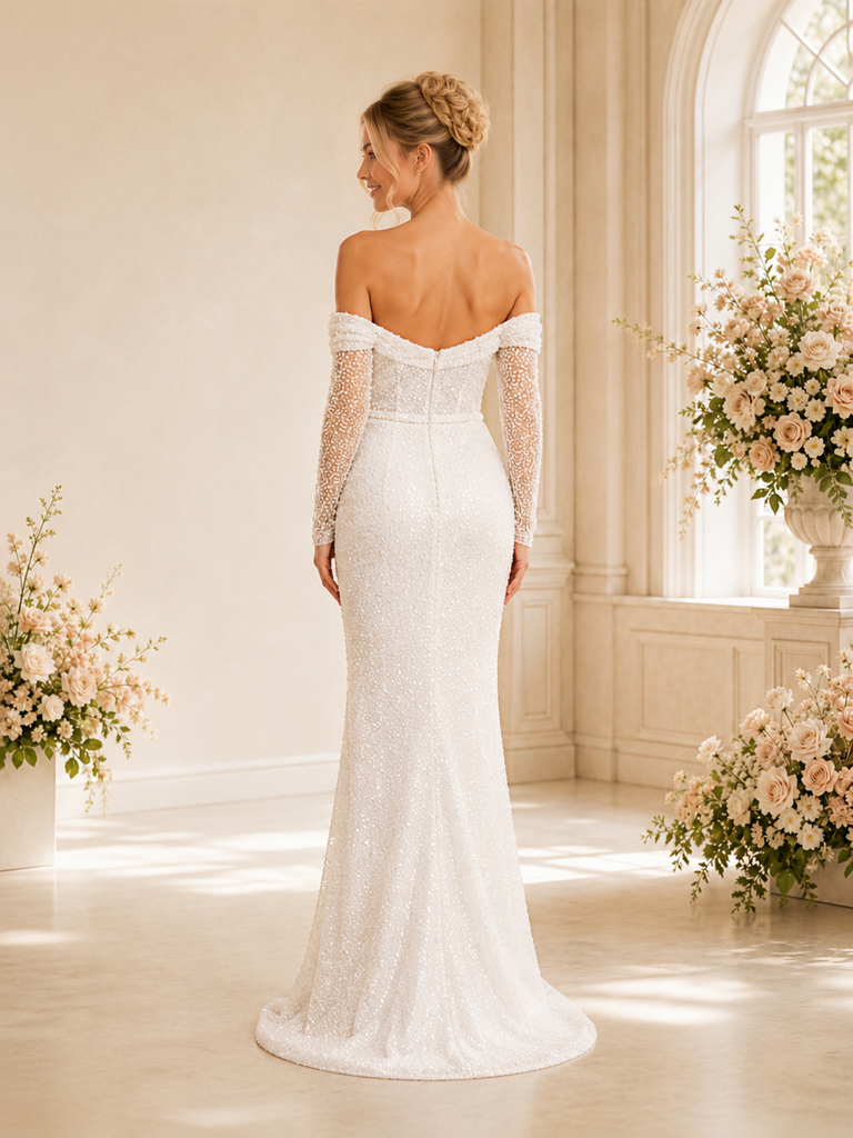 ChicSew Fancy Off Shoulder 3/4 Sleeves Mermaid Long Wedding Dress