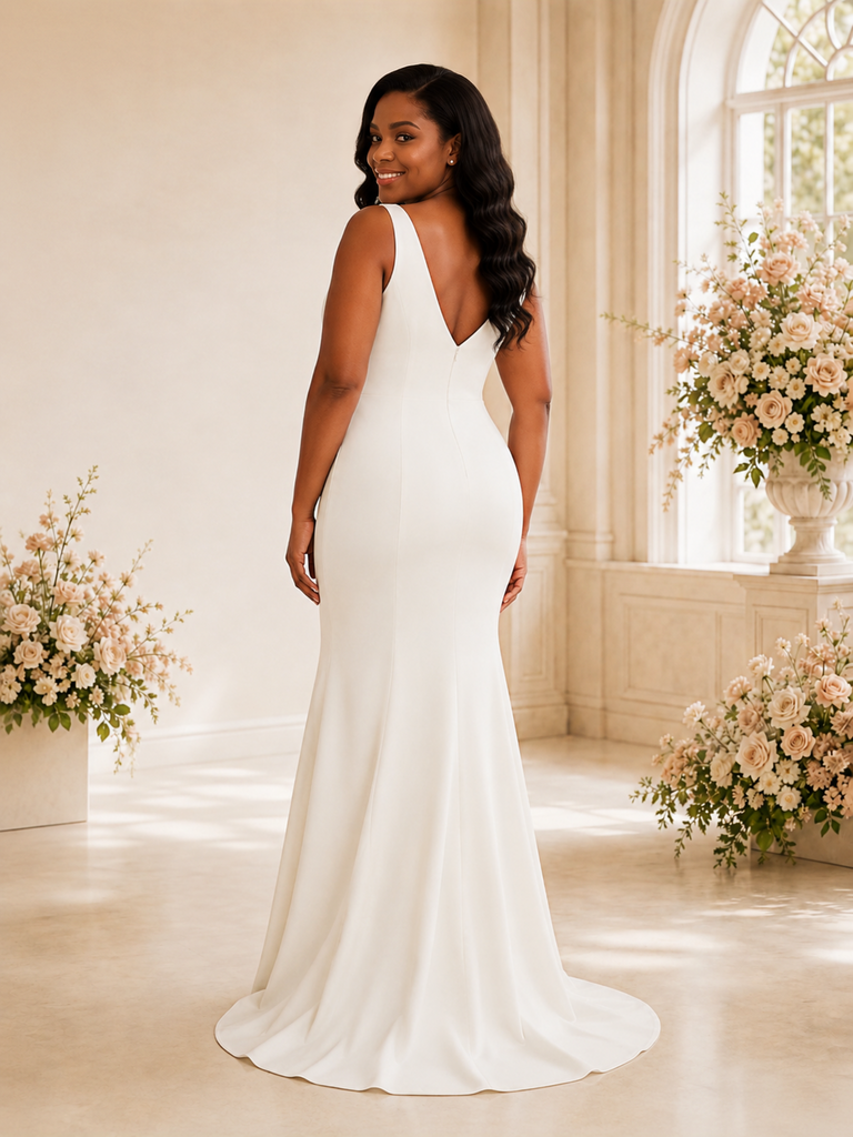 ChicSew Elegant Mermaid V-Neck Spaghetti Straps Crepe Maxi Wedding Dress