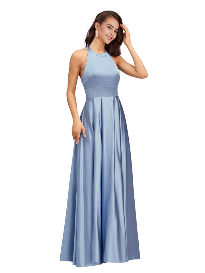 Elegant Halter Soft Satin A-Line Long Bridesmaid Dresses Online